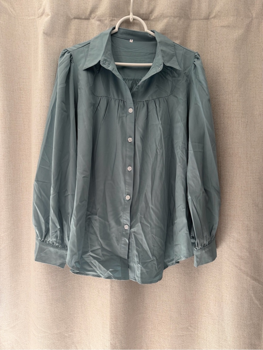 Light Teal Button-Front Blouse with Gathered Yoke